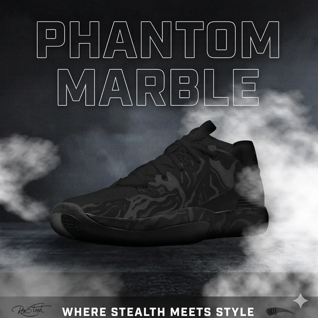 Roc Street Phantom Marble footwear in a dark basketball court setting